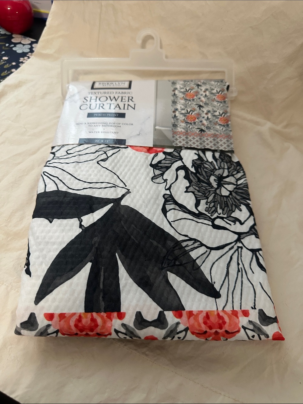 Textured Floral Shower Curtain - Black, White & Coral NWT